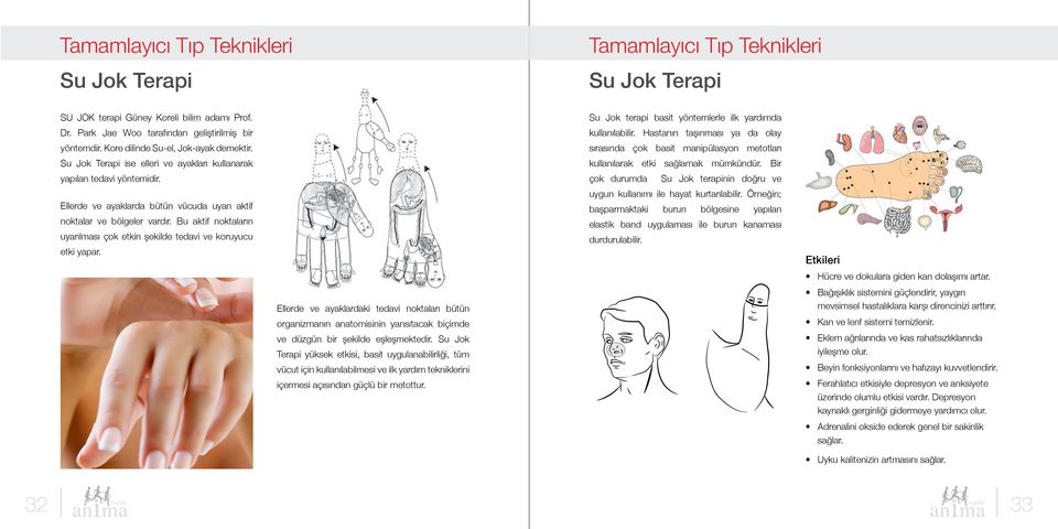 Bu aktif noktaların uyarılması çok etkin şekilde tedavi ve koruyucu etki yapar. Su Jok terapi basit yöntemlerle ilk yardımda kullanılabilir.