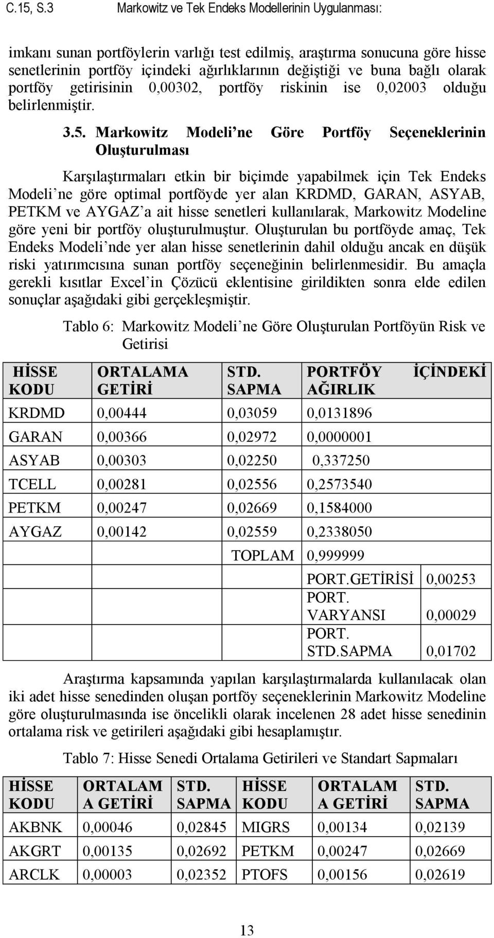 olarak portföy getirisinin 0,00302, portföy riskinin ise 0,02003 olduğu belirlenmiştir. 3.5.