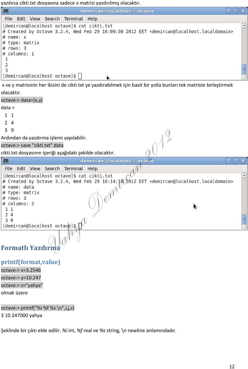 octave:> data=[x,y] data = 1 1 2 4 3 9 Ardından da yazdırma işlemi yapılabilir. octave:> save "cikti.txt" data cikti.