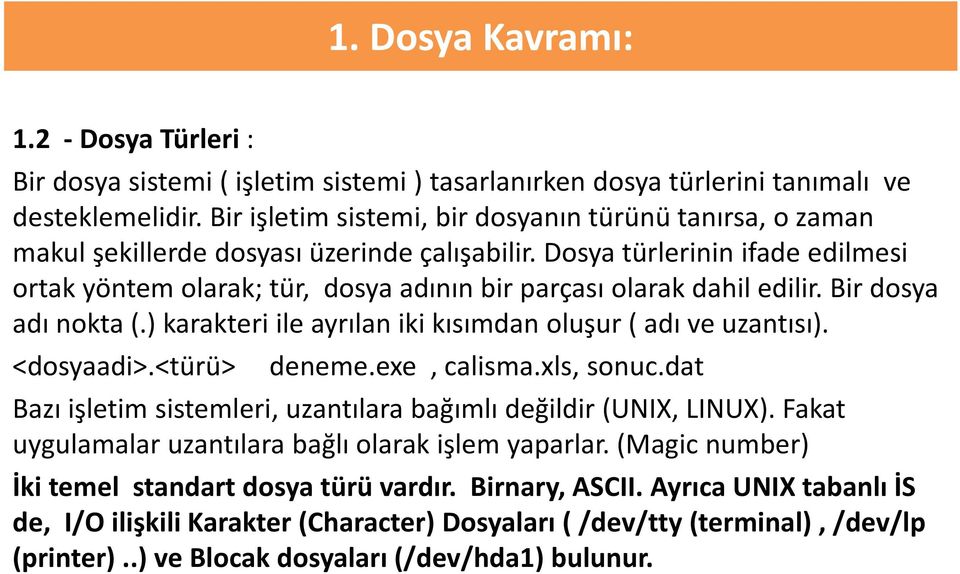 Dosya türlerinin ifade edilmesi ortak yöntem olarak; tür, dosya adının bir parçası olarak dahil edilir. Bir dosya adı nokta (.) karakteri ile ayrılan iki kısımdan oluşur ( adı ve uzantısı).