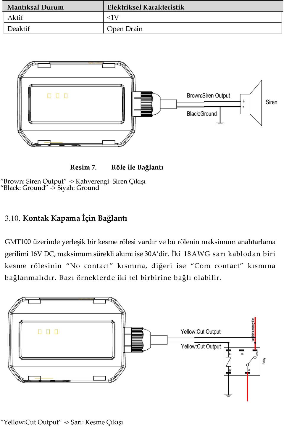 Kontak Kapama İçin Bağlantı GMT100 üzerinde yerleşik bir kesme rölesi vardır ve bu rölenin maksimum anahtarlama gerilimi 16V DC,