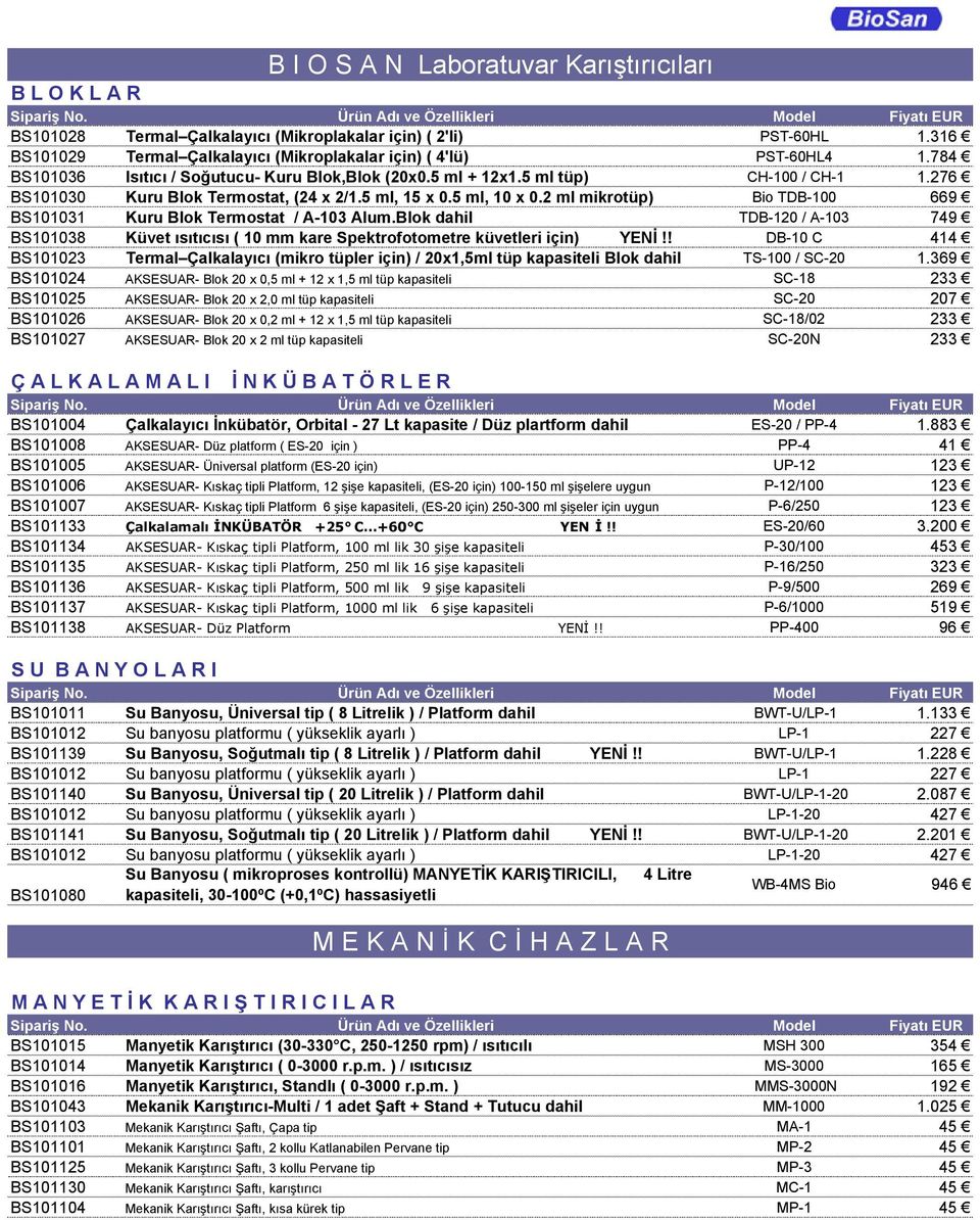 276 BS101030 Kuru Blok Termostat, (24 x 2/1.5 ml, 15 x 0.5 ml, 10 x 0.2 ml mikrotüp) Bio TDB-100 669 BS101031 Kuru Blok Termostat / A-103 Alum.