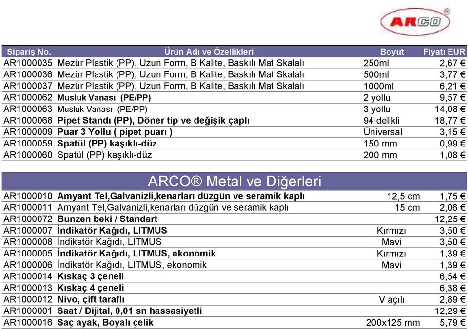 3,77 AR1000037 Mezür Plastik (PP), Uzun Form, B Kalite, Baskılı Mat Skalalı 1000ml 6,21 AR1000062 Musluk Vanası (PE/PP) 2 yollu 9,57 AR1000063 Musluk Vanası (PE/PP) 3 yollu 14,08 AR1000068 Pipet