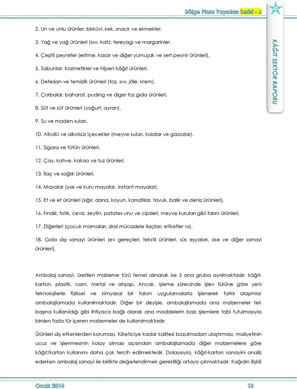 Süt ve süt ürünleri (yoğurt, ayran), 9. Su ve maden suları, 10. Alkollü ve alkolsüz içecekler (meyve suları, kolalar ve gazozlar), 11. Sigara ve tütün ürünleri, 12.