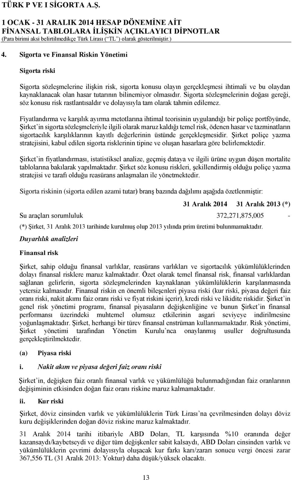 Fiyatlandırma ve karşılık ayırma metotlarına ihtimal teorisinin uygulandığı bir poliçe portföyünde, Şirket in sigorta sözleşmeleriyle ilgili olarak maruz kaldığı temel risk, ödenen hasar ve