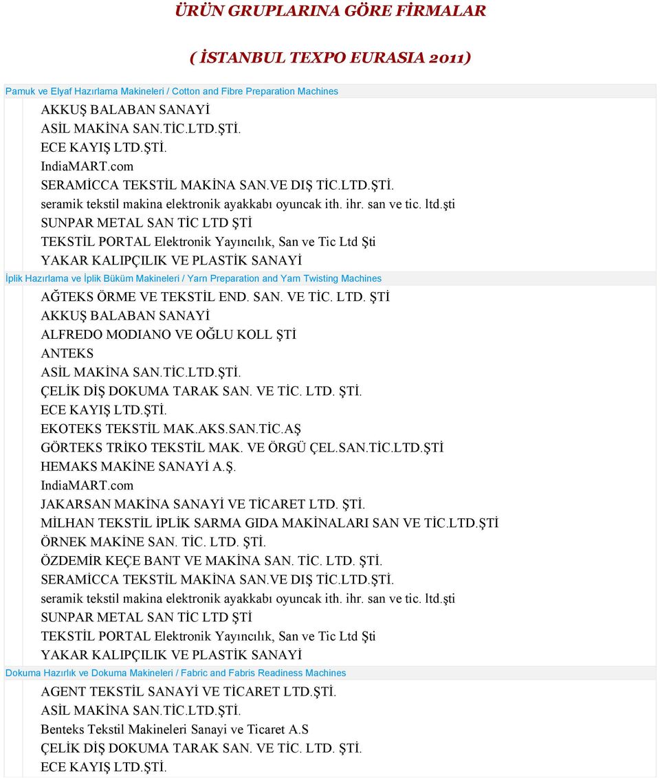 TİC.LTD.ŞTİ. ÇELİK DİŞ DOKUMA TARAK SAN. VE TİC. LTD. ŞTİ. GÖRTEKS TRİKO TEKSTİL MAK. VE ÖRGÜ ÇEL.SAN.TİC.LTD.ŞTİ HEMAKS MAKİNE SANAYİ A.Ş. JAKARSAN MAKİNA SANAYİ VE TİCARET LTD. ŞTİ. MİLHAN TEKSTİL İPLİK SARMA GIDA MAKİNALARI SAN VE TİC.