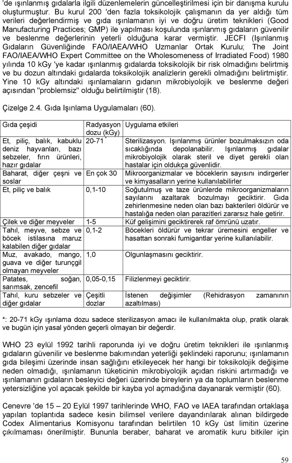 koşulunda ışınlanmış gıdaların güvenilir ve beslenme değerlerinin yeterli olduğuna karar vermiştir.