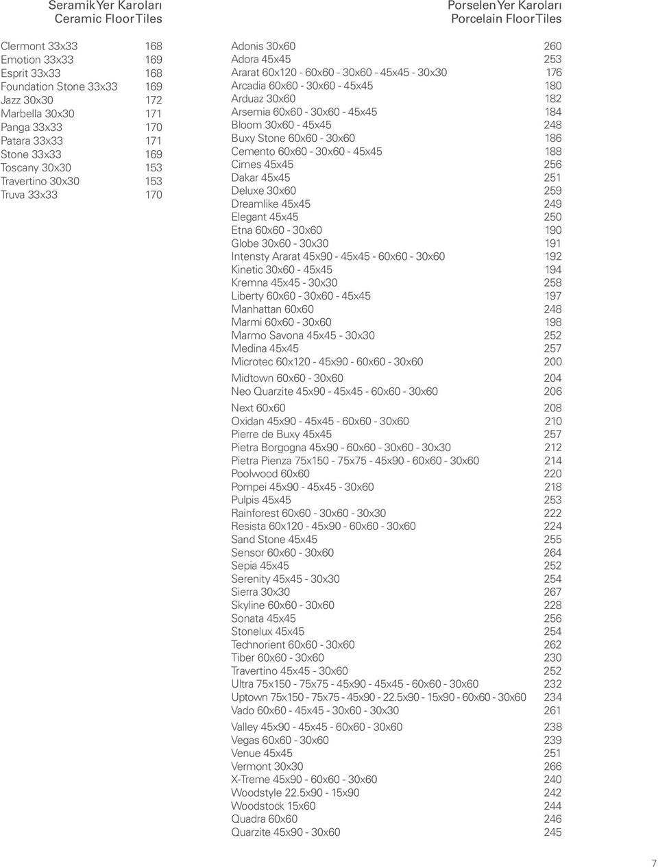 60x60-30x60-45x45 180 Arduaz 30x60 182 Arsemia 60x60-30x60-45x45 184 loom 30x60-45x45 248 uxy Stone 60x60-30x60 186 Cemento 60x60-30x60-45x45 188 Cimes 45x45 256 Dakar 45x45 251 Deluxe 30x60 259