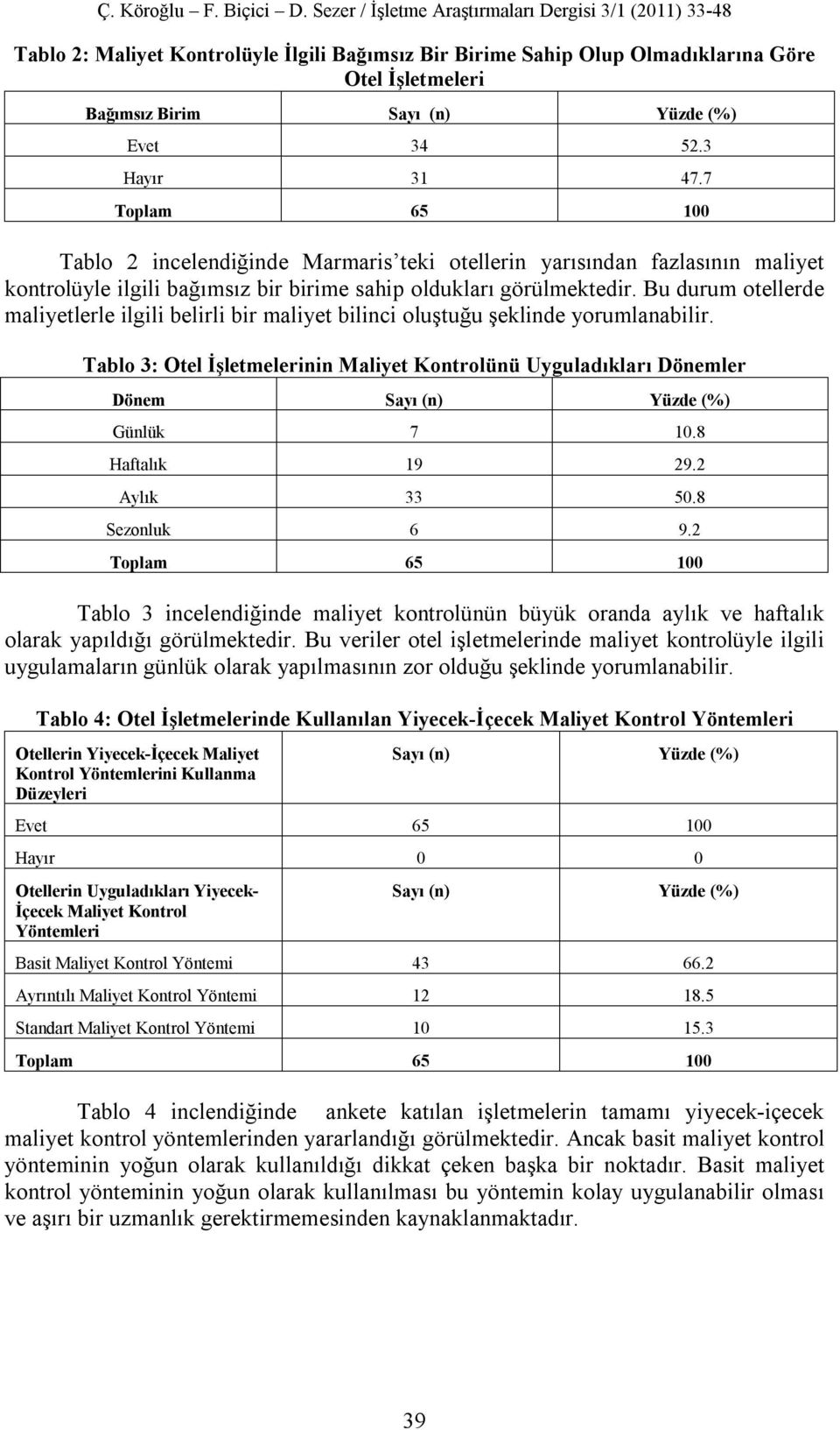 Bu durum otellerde maliyetlerle ilgili belirli bir maliyet bilinci oluştuğu şeklinde yorumlanabilir.