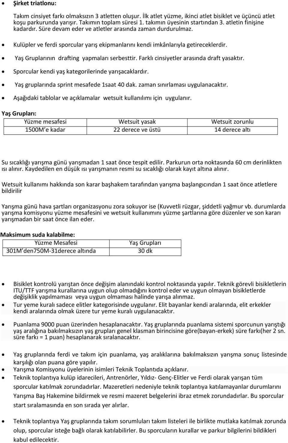 Yaş Gruplarının drafting yapmaları serbesttir. Farklı cinsiyetler arasında draft yasaktır. Sporcular kendi yaş kategorilerinde yarışacaklardır. Yaş gruplarında sprint mesafede 1saat 40 dak.