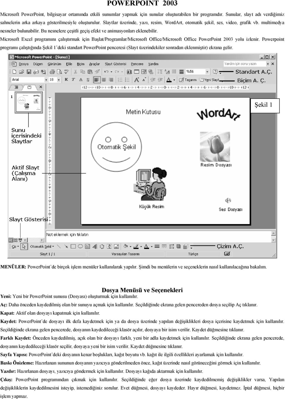 Bu nesnelere çeşitli geçiş efekt ve animasyonları eklenebilir. Microsoft Excel programını çalıştırmak için Başlat/Programlar/Microsoft Office/Microsoft Office PowerPoint 2003 yolu izlenir.