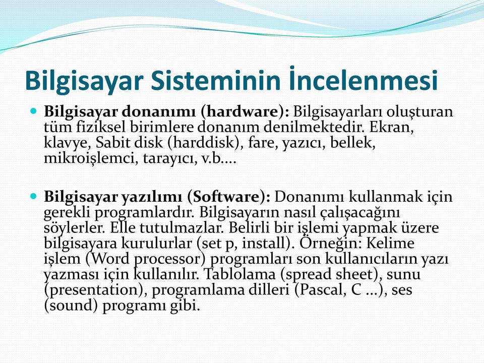 Bilgisayarın nasıl çalışacağını söylerler. Elle tutulmazlar. Belirli bir işlemi yapmak üzere bilgisayara kurulurlar (set p, install).