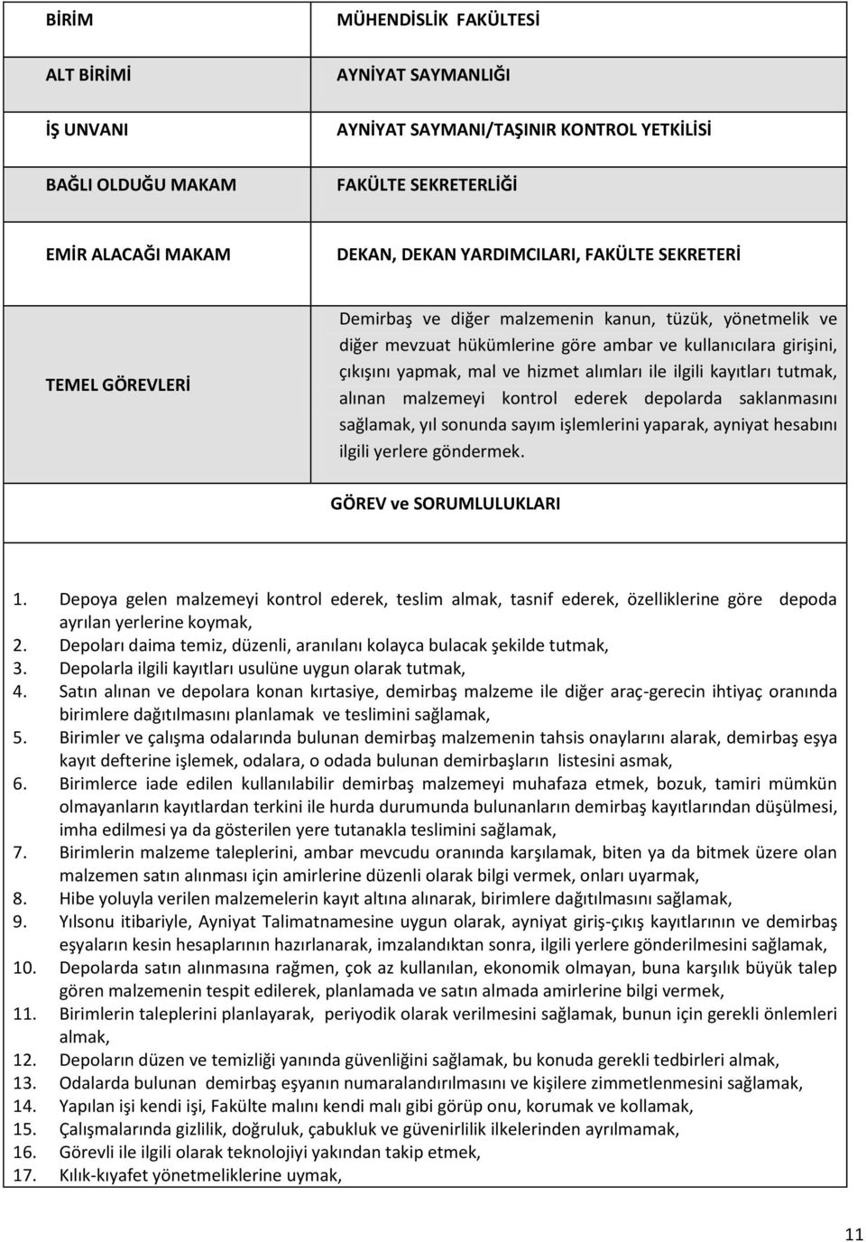 ilgili kayıtları tutmak, alınan malzemeyi kontrol ederek depolarda saklanmasını sağlamak, yıl sonunda sayım işlemlerini yaparak, ayniyat hesabını ilgili yerlere göndermek. GÖREV ve SORUMLULUKLARI 1.