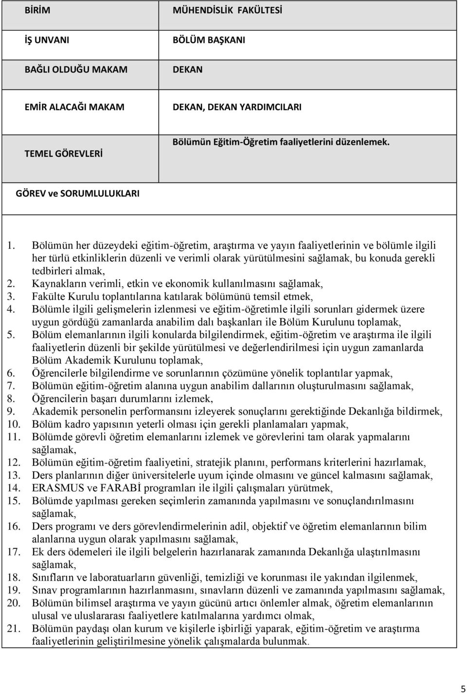 Bölümün her düzeydeki eğitim-öğretim, araştırma ve yayın faaliyetlerinin ve bölümle ilgili her türlü etkinliklerin düzenli ve verimli olarak yürütülmesini sağlamak, bu konuda gerekli tedbirleri