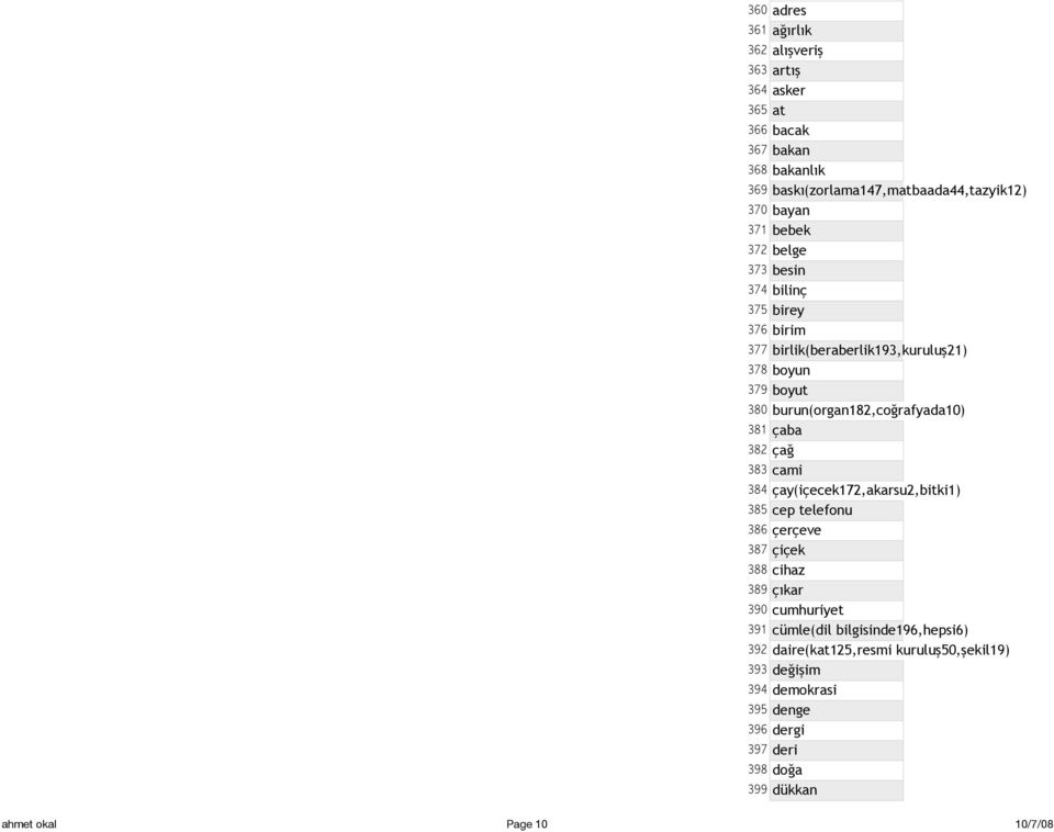 çaba 382 çağ 383 cami 384 çay(içecek172,akarsu2,bitki1) 385 cep telefonu 386 çerçeve 387 çiçek 388 cihaz 389 çıkar 390 cumhuriyet 391 cümle(dil