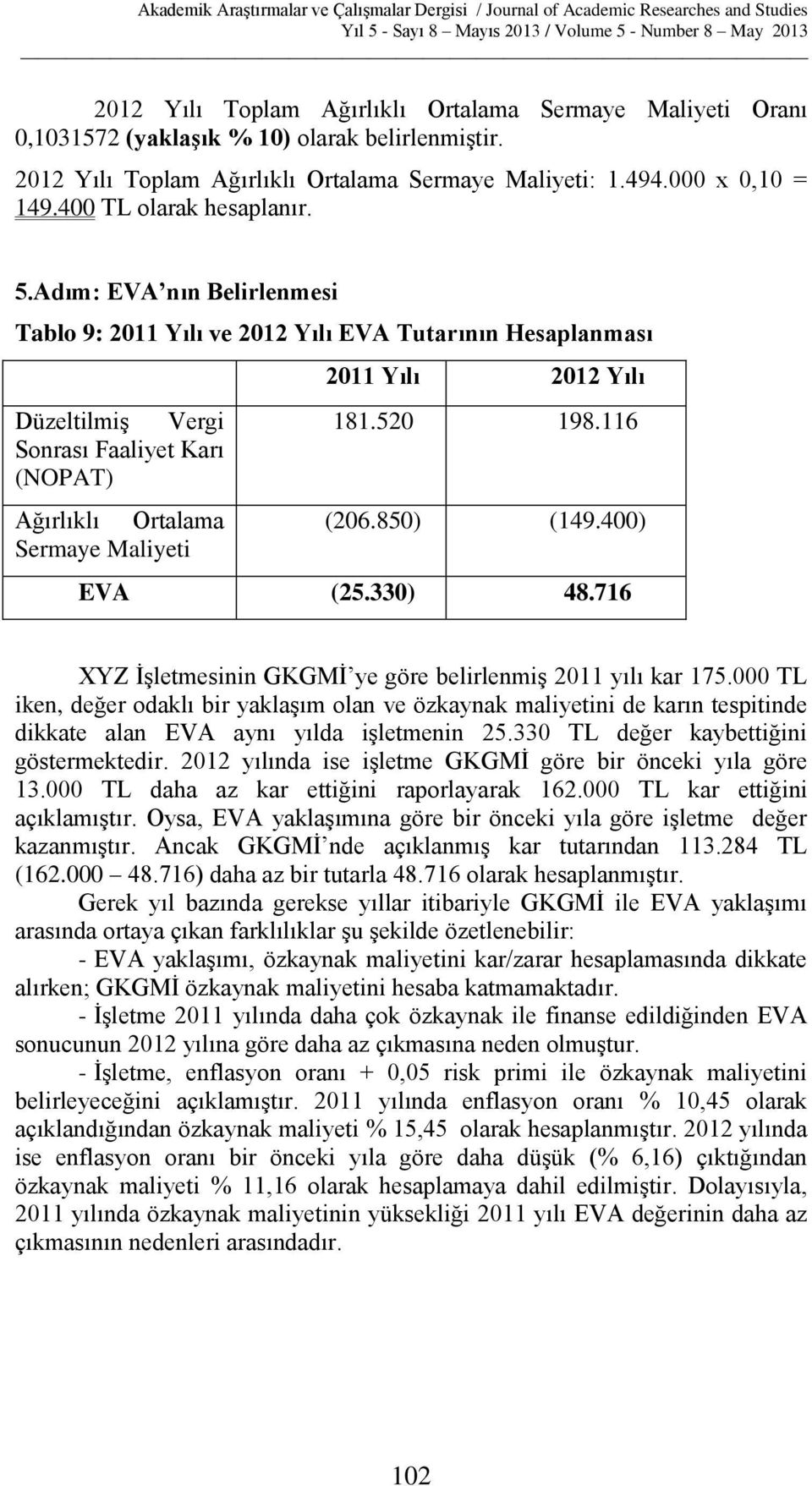 Adım: EVA nın Belirlenmesi Tablo 9: 2011 Yılı ve 2012 Yılı EVA Tutarının Hesaplanması Düzeltilmiş Vergi Sonrası Faaliyet Karı (NOPAT) Ağırlıklı Ortalama Sermaye Maliyeti 2011 Yılı 2012 Yılı 181.