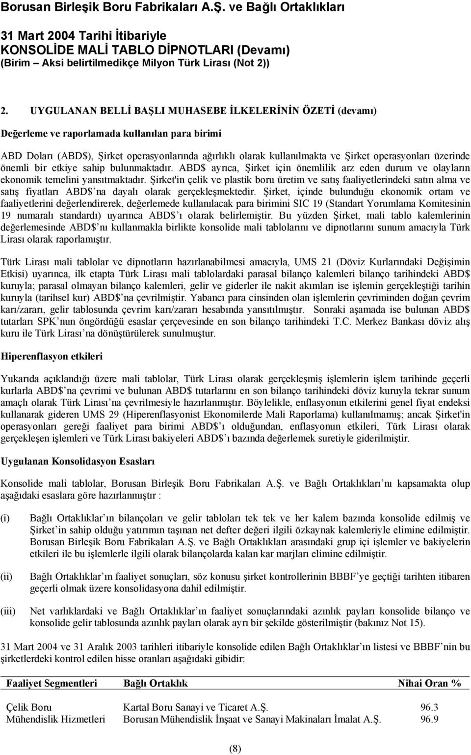 Şirket'in çelik ve plastik boru üretim ve satış faaliyetlerindeki satın alma ve satış fiyatları ABD$ na dayalı olarak gerçekleşmektedir.