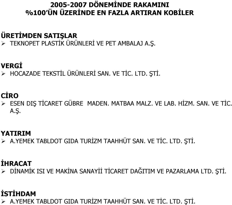 VE LAB. HİZM. SAN. VE TİC. A.Ş. YATIRIM A.YEMEK TABLDOT GIDA TURİZM TAAHHÜT SAN. VE TİC. LTD. ŞTİ.