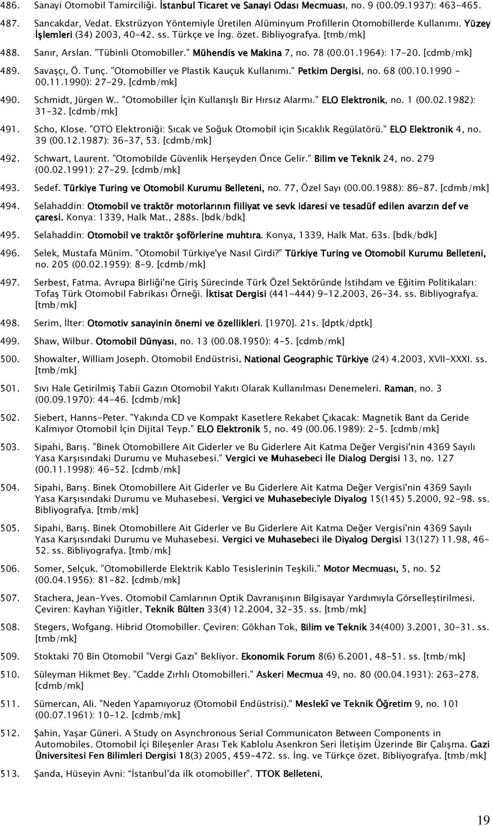 " Mühendis ve Makina 7, no. 78 (00.01.1964): 17-20. 489. Savaşçı, Ö. Tunç. "Otomobiller ve Plastik Kauçuk Kullanımı." Petkim Dergisi, no. 68 (00.10.1990-00.11.1990): 27-29. 490. Schmidt, Jürgen W.