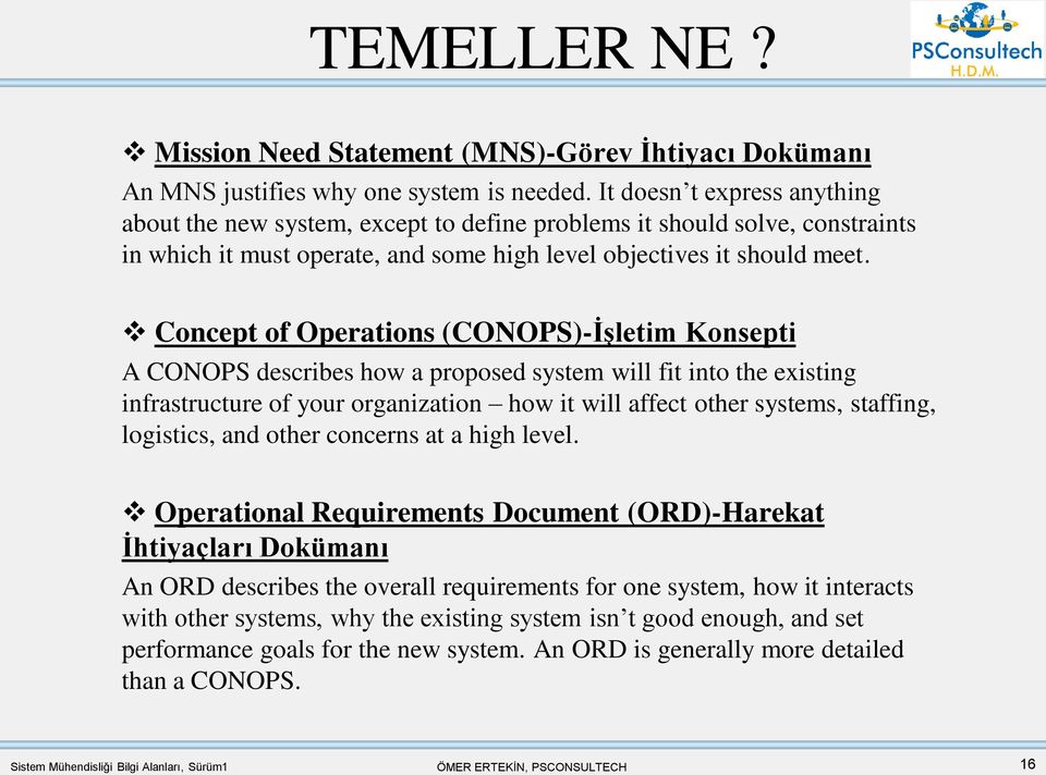 Concept of Operations (CONOPS)-İşletim Konsepti A CONOPS describes how a proposed system will fit into the existing infrastructure of your organization how it will affect other systems, staffing,