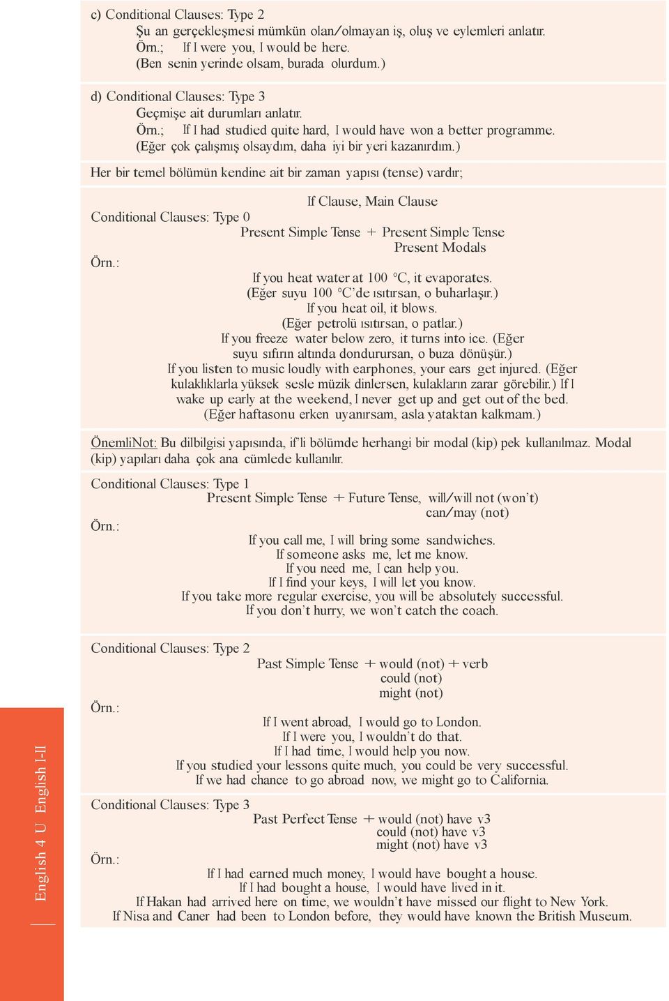 ) Her bir temel bölümün kendine ait bir zaman yapısı (tense) vardır; If Clause, Main Clause Conditional Clauses: Type 0 Present Simple Tense + Present Simple Tense Present Modals Örn.