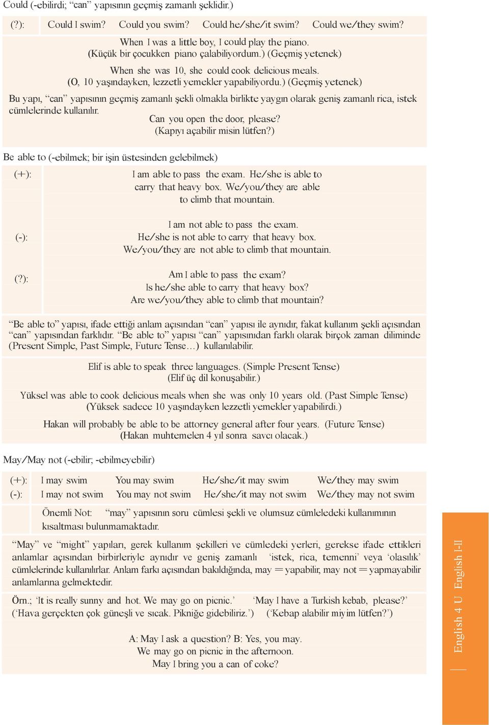 ) (Geçmiş yetenek) Bu yapı, can yapısının geçmiş zamanlı şekli olmakla birlikte yaygın olarak geniş zamanlı rica, istek cümlelerinde kullanılır. Can you open the door, please?