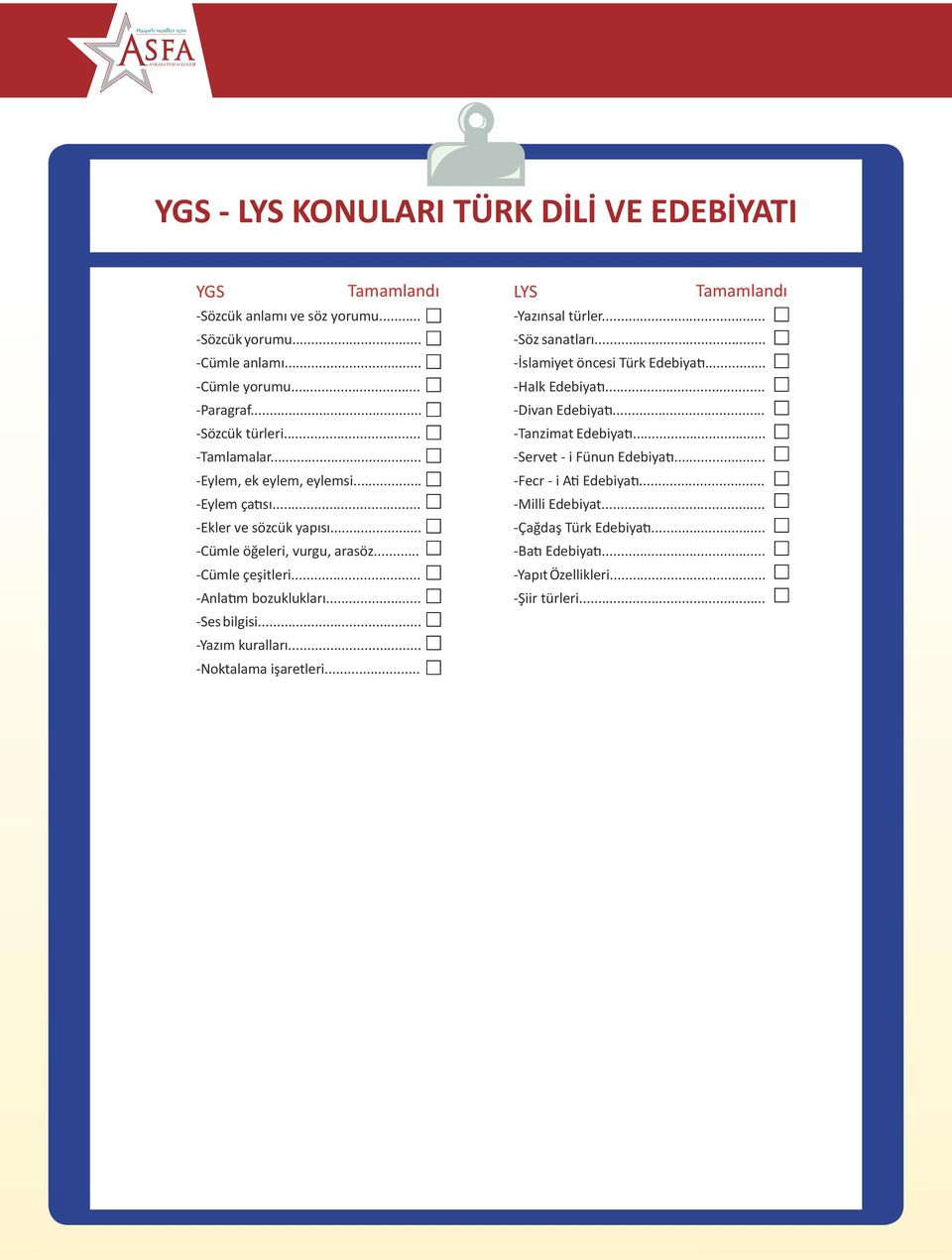 .. -Ses bilgisi... -Yazım kuralları... -Noktalama işaretleri... LYS Tamamlandı -Yazınsal türler... -Söz sanatları... -İslamiyet öncesi Türk Edebiyatı... -Halk Edebiyatı.