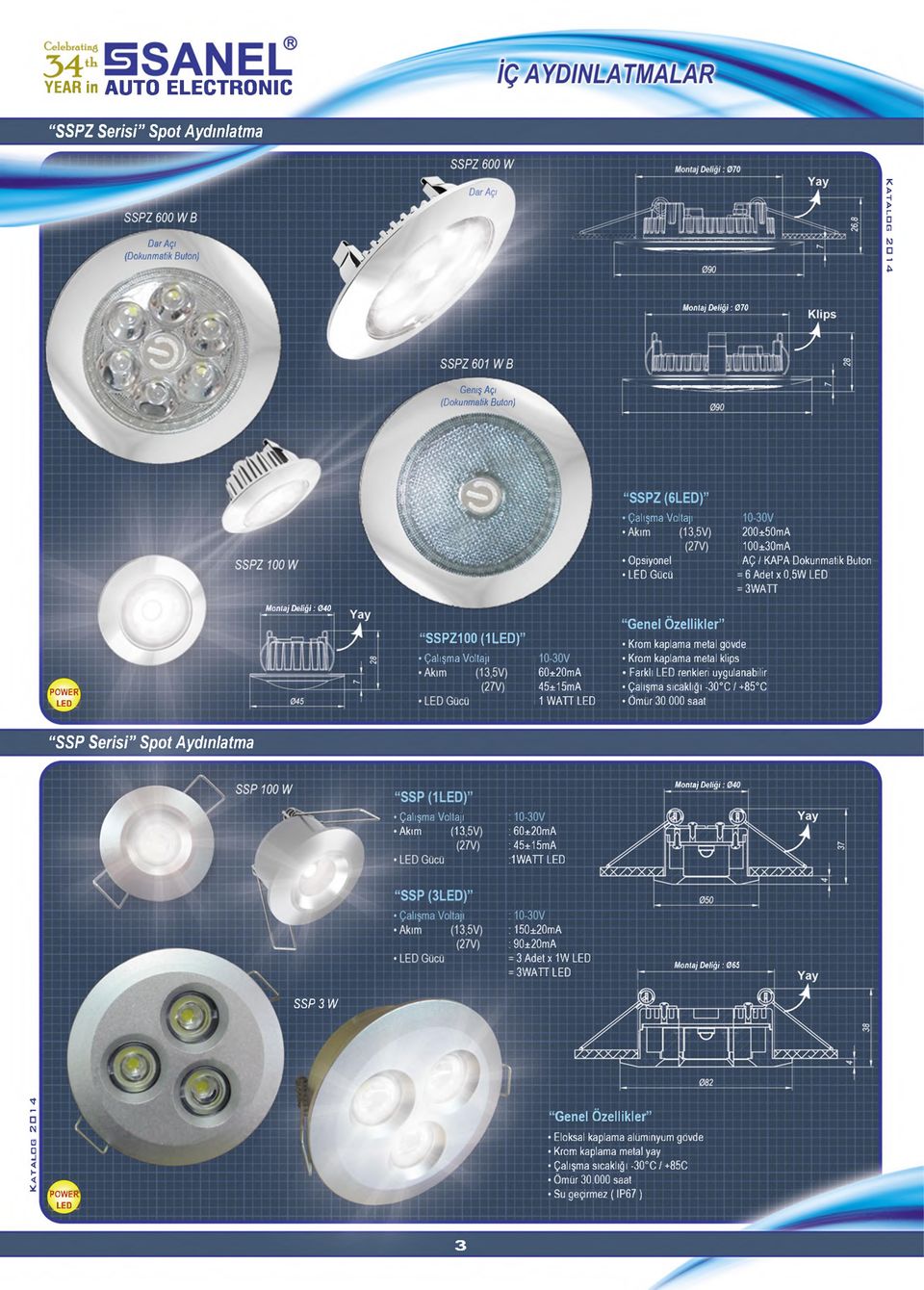 LED A Montaj Deliği : 040 SSPZ100 (1LED) 60±20mA 45±15mA 1 WATT LED Krom kaplama metal gövde Krom kaplama metal klips Farklı LED renkleri uygulanabilir.