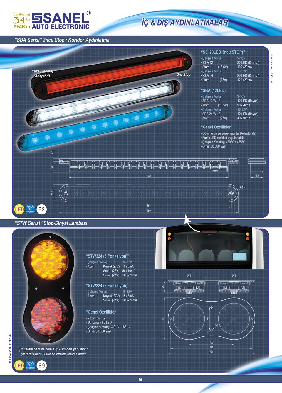 Stop-Sinyal Lambası STW324 (3 Fonksiyon) Kuyruk(27V): 15±5mA Stop (27V) :80±10mA Sinyal (27V) : 180±20mA STW224 (2 Fonksiyon) Kuyruk(27V): 15±5mA