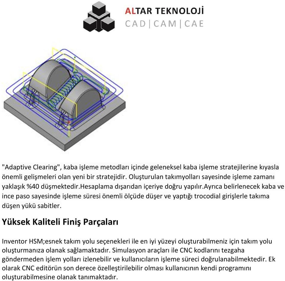 ayrıca belirlenecek kaba ve ince paso sayesinde işleme süresi önemli ölçüde düşer ve yaptığı trocodial girişlerle takıma düşen yükü sabitler.