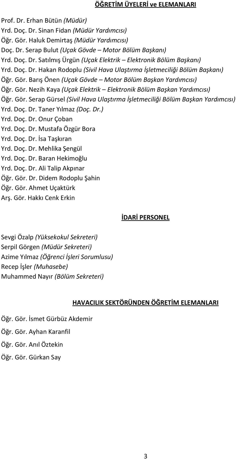 Barış Önen (Uçak Gövde Motor Bölüm Başkan Yardımcısı) Öğr. Gör. Nezih Kaya (Uçak Elektrik Elektronik Bölüm Başkan Yardımcısı) Öğr. Gör. Serap Gürsel (Sivil Hava Ulaştırma İşletmeciliği Bölüm Başkan Yardımcısı) Yrd.