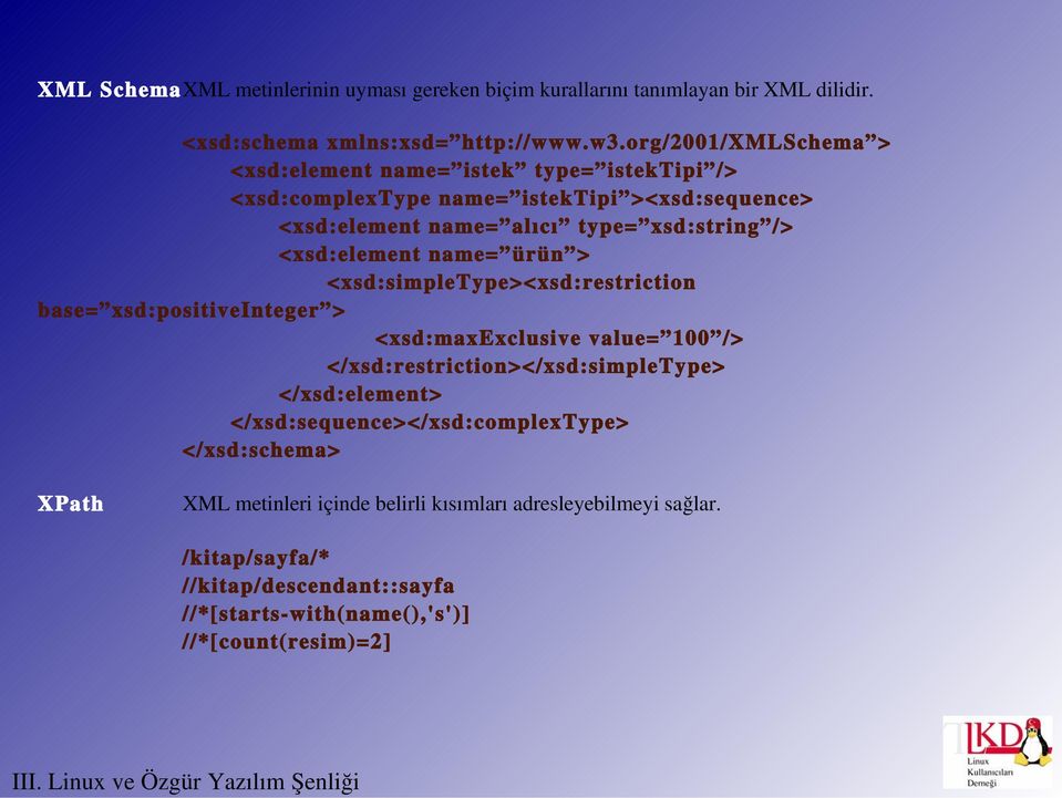 <xsd:element name= ürün > <xsd:simpletype><xsd:restriction base= xsd:positiveinteger > <xsd:maxexclusive value= 100 /> </xsd:restriction></xsd:simpletype>