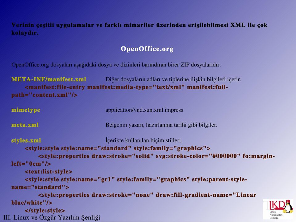 xml application/vnd.sun.xml.impress Belgenin yazarı, hazırlanma tarihi gibi bilgiler. styles.xml İçerikte kullanılan biçim stilleri.