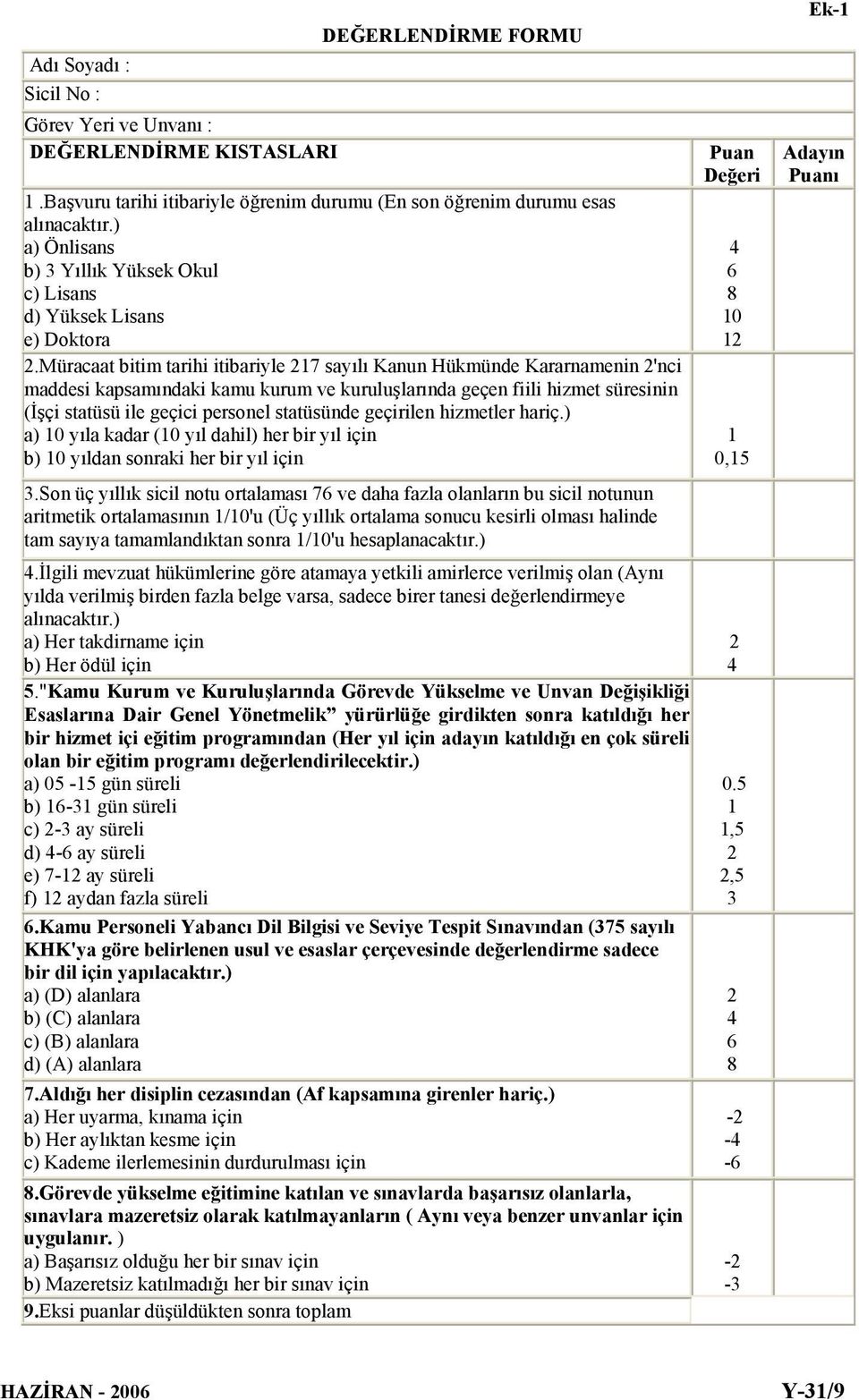 Müracaat bitim tarihi itibariyle 217 sayılı Kanun Hükmünde Kararnamenin 2'nci maddesi kapsamındaki kamu kurum ve kuruluşlarında geçen fiili hizmet süresinin (İşçi statüsü ile geçici personel