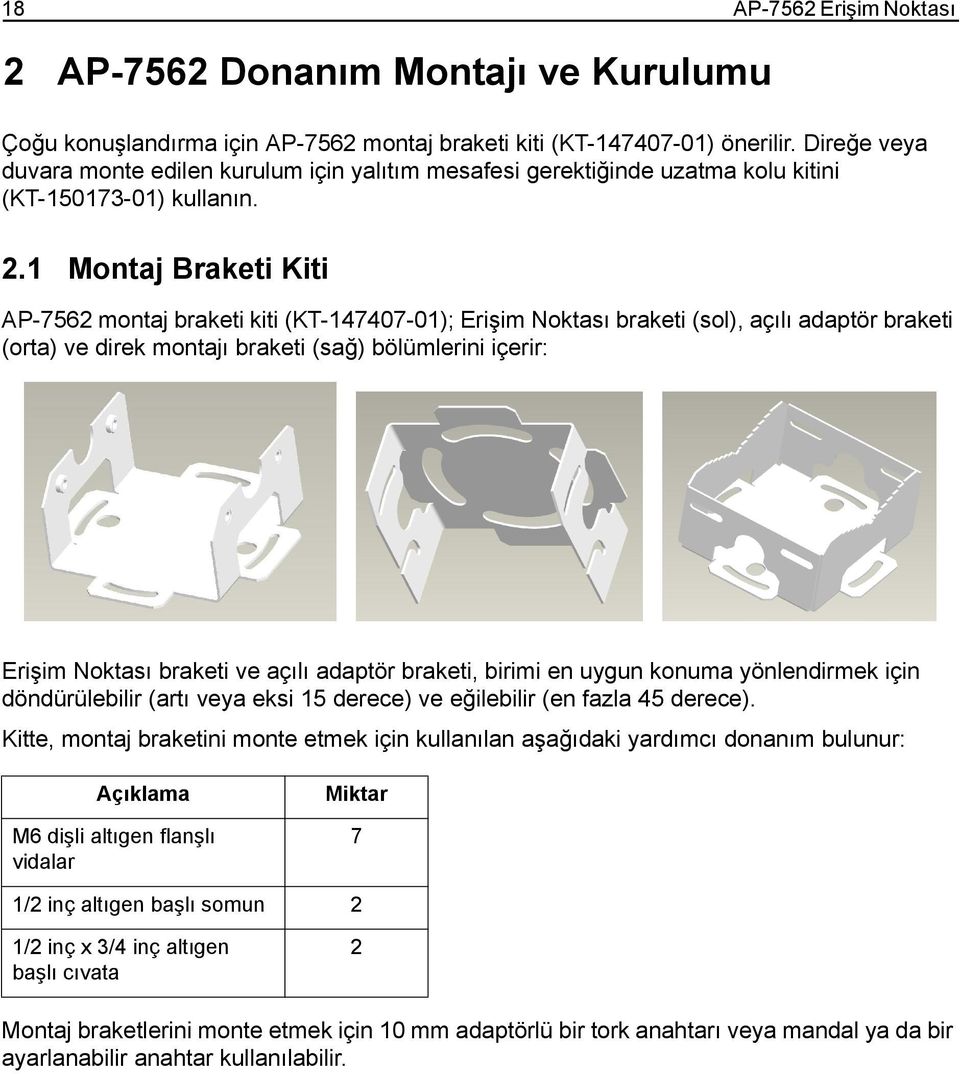 1 Montaj Braketi Kiti AP-7562 montaj braketi kiti (KT-147407-01); Erişim Noktası braketi (sol), açılı adaptör braketi (orta) ve direk montajı braketi (sağ) bölümlerini içerir: Erişim Noktası braketi