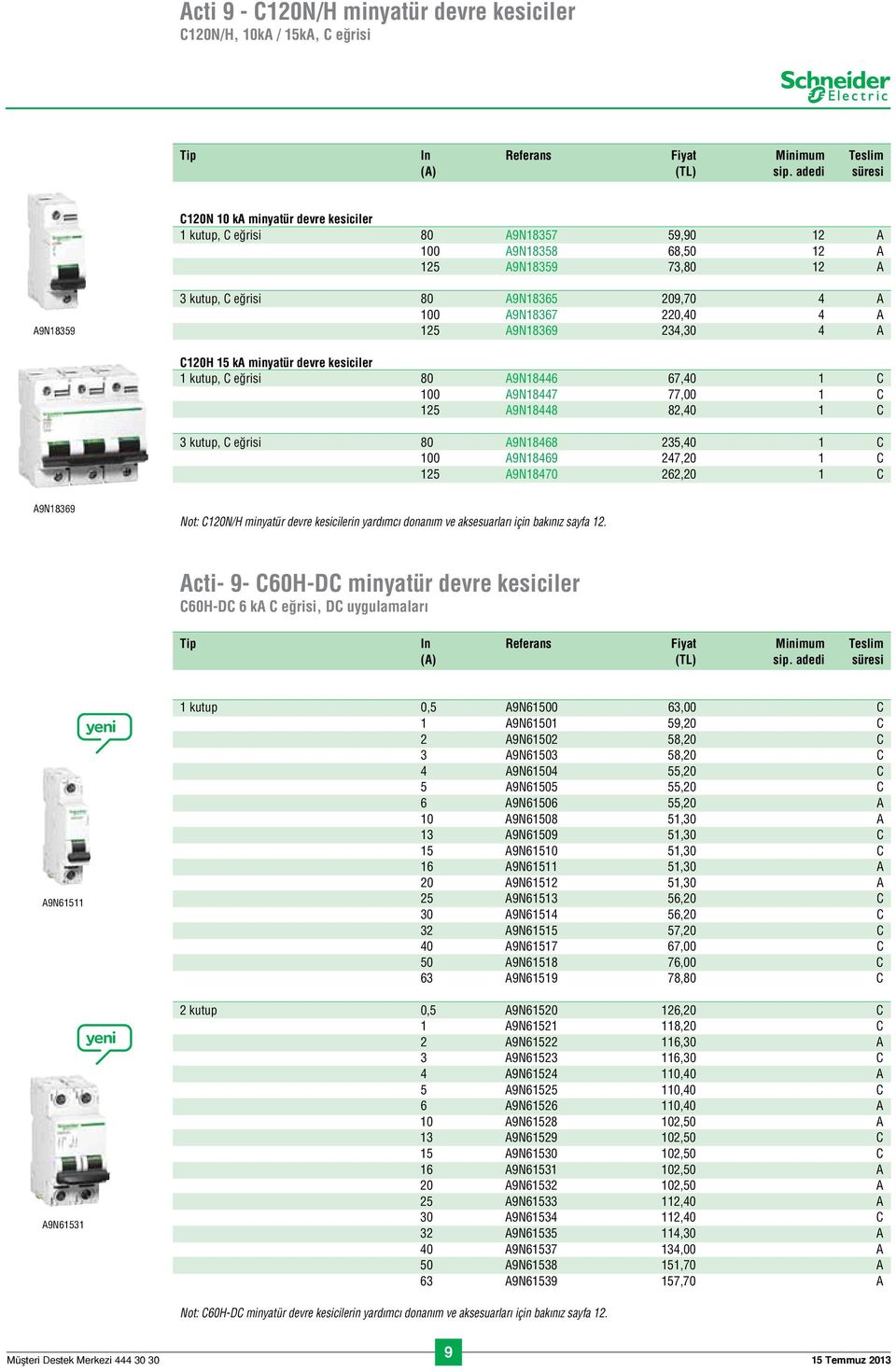 A9N18367 220,40 4 A 125 A9N18369 234,30 4 A C120H 15 ka minyatür devre kesiciler 1 kutup, C e risi 80 A9N18446 67,40 1 C 100 A9N18447 77,00 1 C 125 A9N18448 82,40 1 C 3 kutup, C e risi 80 A9N18468