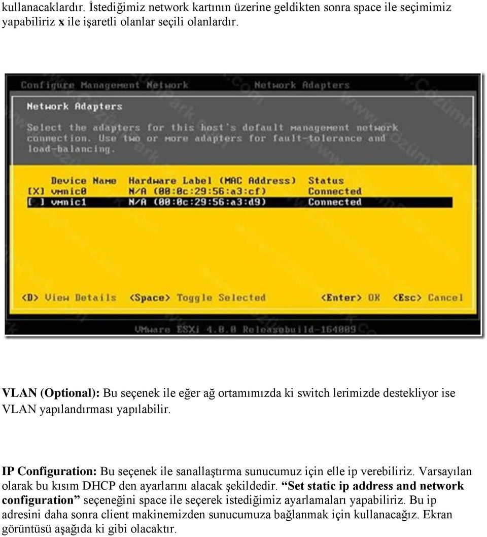 IP Configuration: Bu seçenek ile sanallaştırma sunucumuz için elle ip verebiliriz. Varsayılan olarak bu kısım DHCP den ayarlarını alacak şekildedir.