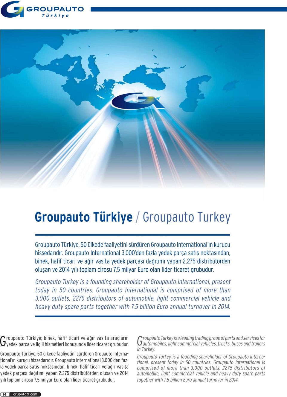 275 distribütörden oluşan ve 2014 yılı toplam cirosu 7,5 milyar Euro olan lider ticaret grubudur. Groupauto Turkey is a founding shareholder of Groupauto International, present today in 50 countries.