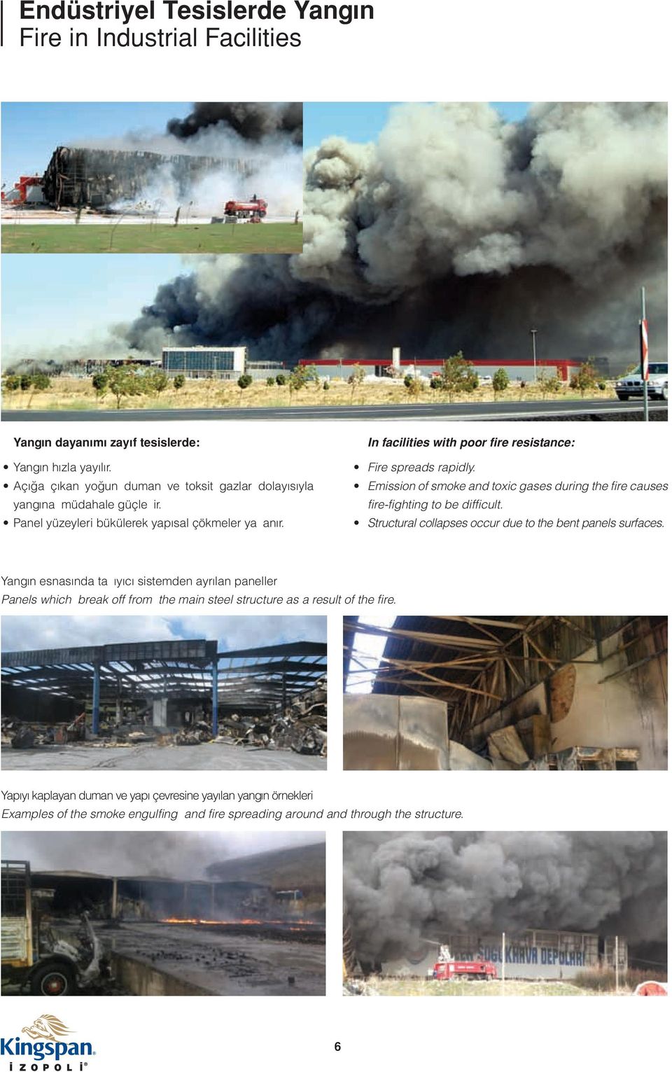 In facilities with poor fire resistance: Fire spreads rapidly. Emission of smoke and toxic gases during the fire causes fire-fighting to be difficult.