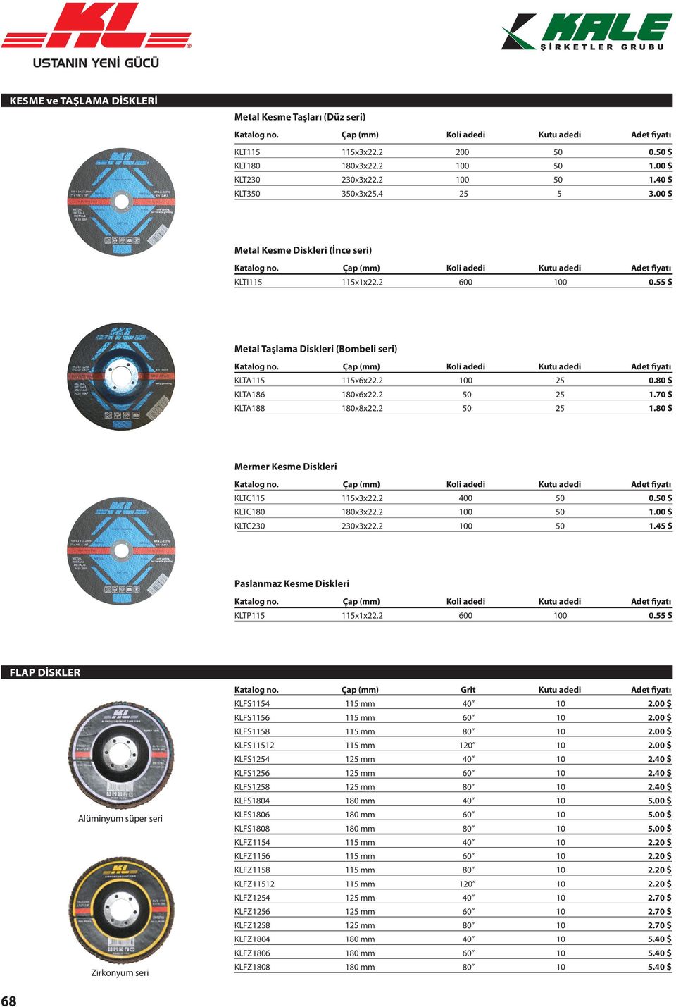 55 $ Metal Taşlama Diskleri (Bombeli seri) Katalog no. Çap (mm) Koli adedi Kutu adedi Adet fiyatı KLTA115 115x6x22.2 100 25 0.80 $ KLTA186 180x6x22.2 50 25 1.70 $ KLTA188 180x8x22.2 50 25 1.80 $ Mermer Kesme Diskleri Katalog no.