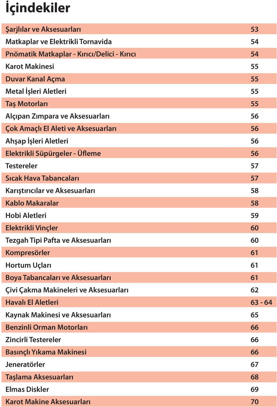 ve Aksesuarları 58 Kablo Makaralar 58 Hobi Aletleri 59 Elektrikli Vinçler 60 Tezgah Tipi Pafta ve Aksesuarları 60 Kompresörler 61 Hortum Uçları 61 Boya Tabancaları ve Aksesuarları 61 Çivi Çakma