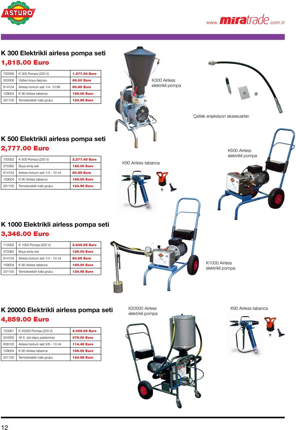 00 Euro 750002 K 500 Pompa (220 V) 2.277.45 Euro 070362 Boya emiş seti 126.00 Euro 614104 Airless hortum seti 1/4-10 mt 80.85 Euro 109004 K 90 Airless tabanca 168.