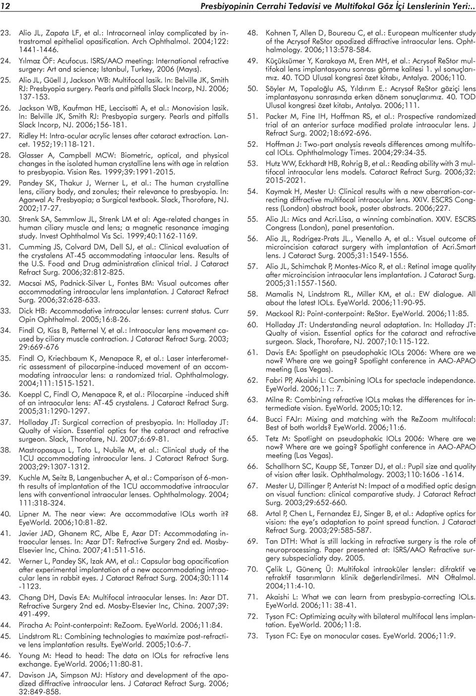 In: Belville JK, Smith RJ: Presbyopia surgery. Pearls and pitfalls Slack Incorp, NJ. 2006; 137-153. 26. Jackson WB, Kaufman HE, Leccisotti A, et al.: Monovision lasik.