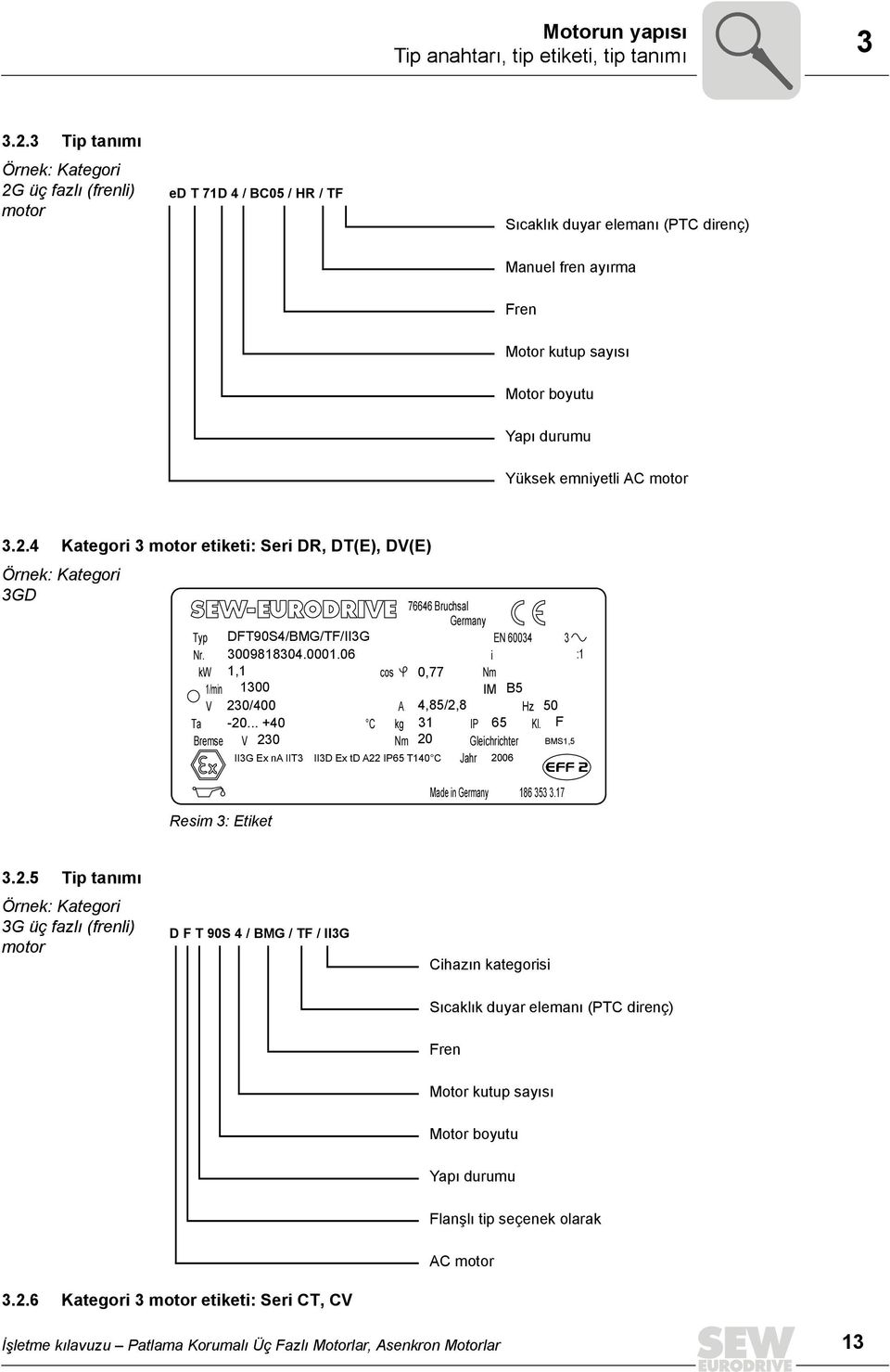 emniyetli AC motor 3.2.4 Kategori 3 motor etiketi: Seri DR, DT(E), DV(E) Örnek: Kategori 3GD 76646 Bruchsal Germany Typ DFT90S4/BMG/TF/II3G EN 60034 3 Nr. 3009818304.0001.