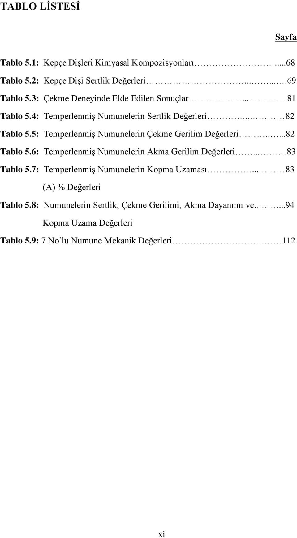 5: Temperlenmiş Numunelerin Çekme Gerilim Değerleri.....82 Tablo 5.6: Temperlenmiş Numunelerin Akma Gerilim Değerleri... 83 Tablo 5.