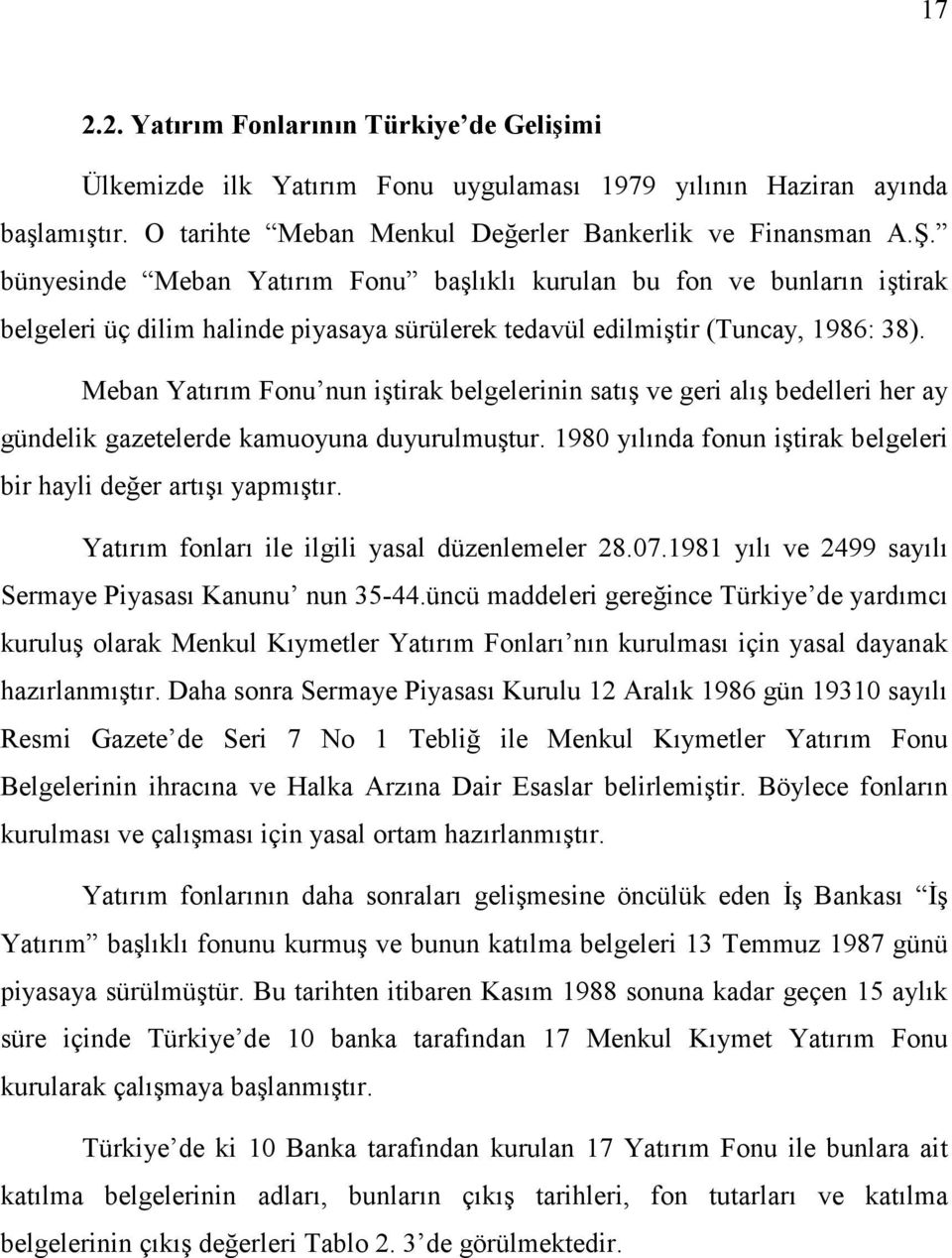 Meban Yatırım Fonu nun iştirak belgelerinin satış ve geri alış bedelleri her ay gündelik gazetelerde kamuoyuna duyurulmuştur. 1980 yılında fonun iştirak belgeleri bir hayli değer artışı yapmıştır.