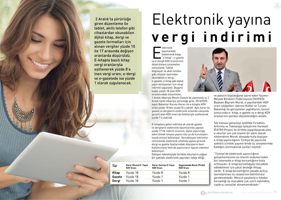 Elektronik yayına vergi indirimi Elektronik yayınlardaki (elektronik kitap e-kitap, e-gazete ve e-dergi) KDV oranlarının düşürülmesi çalışmaları sonuçlandı.