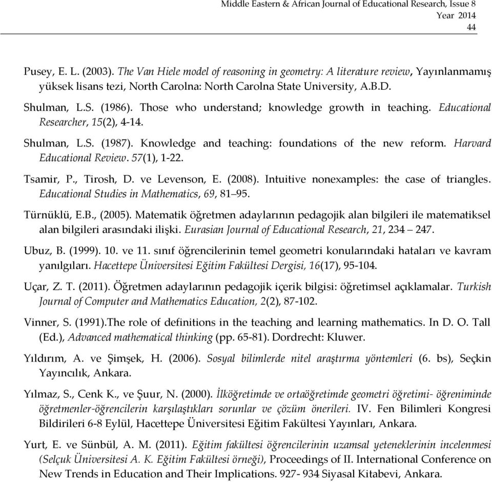 57(1), 1-22. Tsamir, P., Tirosh, D. ve Levenson, E. (2008). Intuitive nonexamples: the case of triangles. Educational Studies in Mathematics, 69, 81 95. Türnüklü, E.B., (2005).