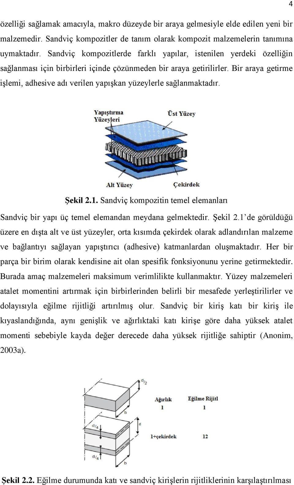 Bir araya getirme işlemi, adhesive adı verilen yapışkan yüzeylerle sağlanmaktadır. ġekil 2.1. Sandviç kompozitin temel elemanları Sandviç bir yapı üç temel elemandan meydana gelmektedir. Şekil 2.