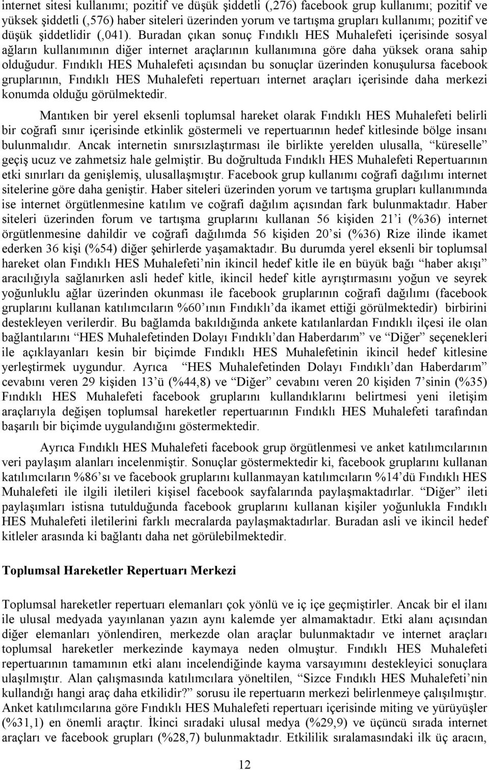 Fındıklı HES Muhalefeti açısından bu sonuçlar üzerinden konuşulursa facebook gruplarının, Fındıklı HES Muhalefeti repertuarı internet araçları içerisinde daha merkezi konumda olduğu görülmektedir.